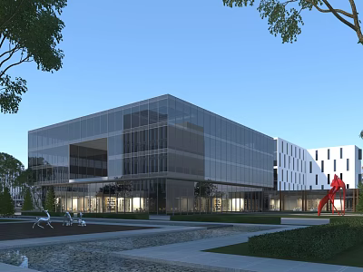 Modern Glass Curtain Wall Office Building With Landscaped Courtyard And Artistic Sculptures 3d model