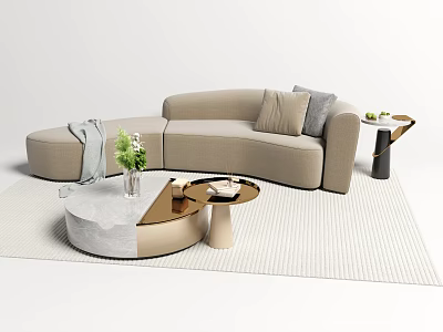 Beige Multi Person Sofa With Pillows Blanket Round Coffee Tables Green Plant On Striped Rug 3d model