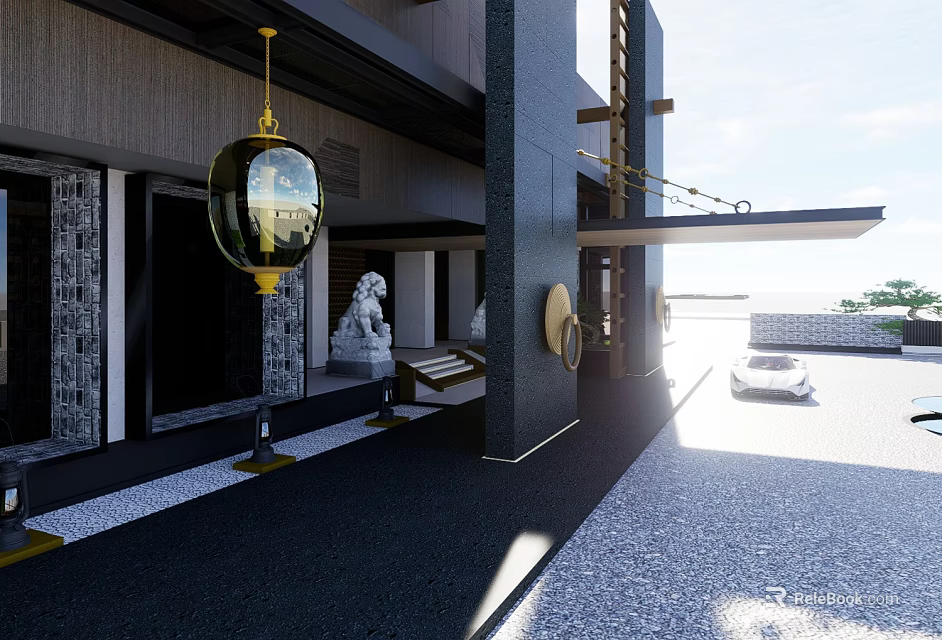 Modern Hotel Building Exterior With Traditional Lion Statue And Entrance Lantern 3d model 