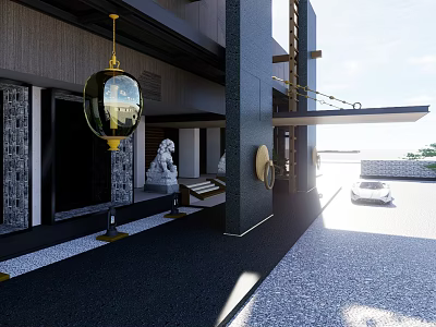 Modern Hotel Building Exterior With Traditional Lion Statue And Entrance Lantern 3d model