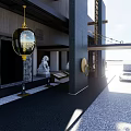 Modern Hotel Building Exterior With Traditional Lion Statue And Entrance Lantern