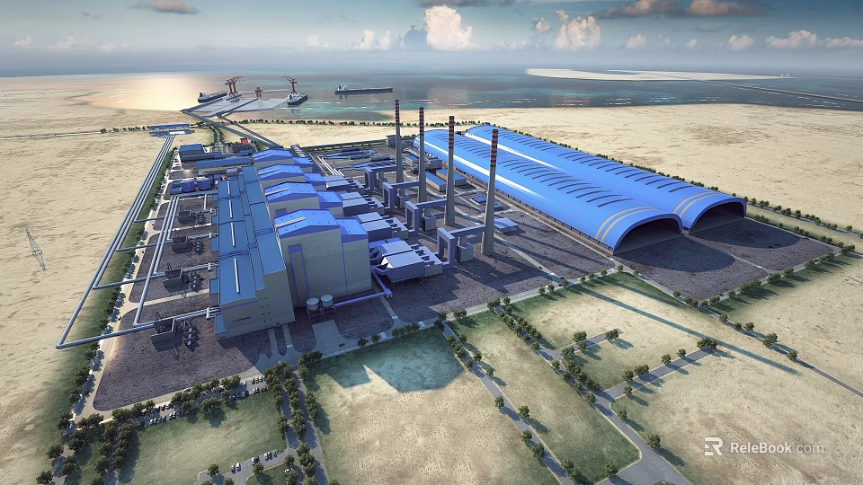 Industrial Plant With Large Blue Roof Structure Surrounding Roads Green Belts And Facilities 3d model 