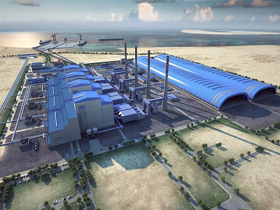 Industrial Plant With Large Blue Roof Structure Surrounding Roads Green Belts And Facilities 3d model