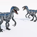 Reptile Velociraptor With Blue Stripes Gray Skin Standing Open Mouths