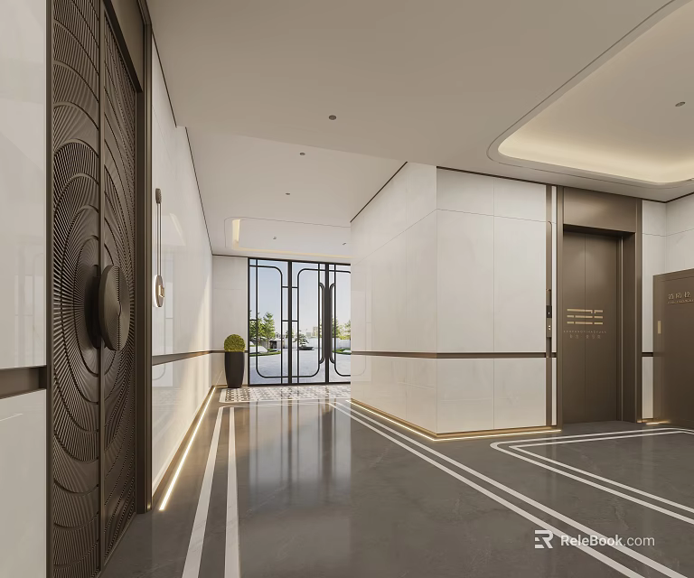 Modern Elevator Hallway Interior Design With White Marble Walls Polished Flooring And Metal Accents 3d model 