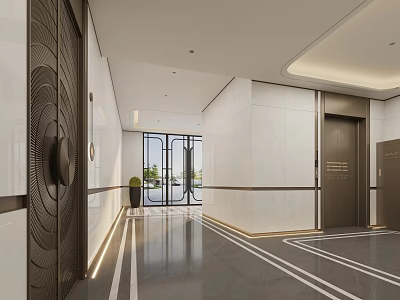 Modern Elevator Hallway Interior Design With White Marble Walls Polished Flooring And Metal Accents 3d model