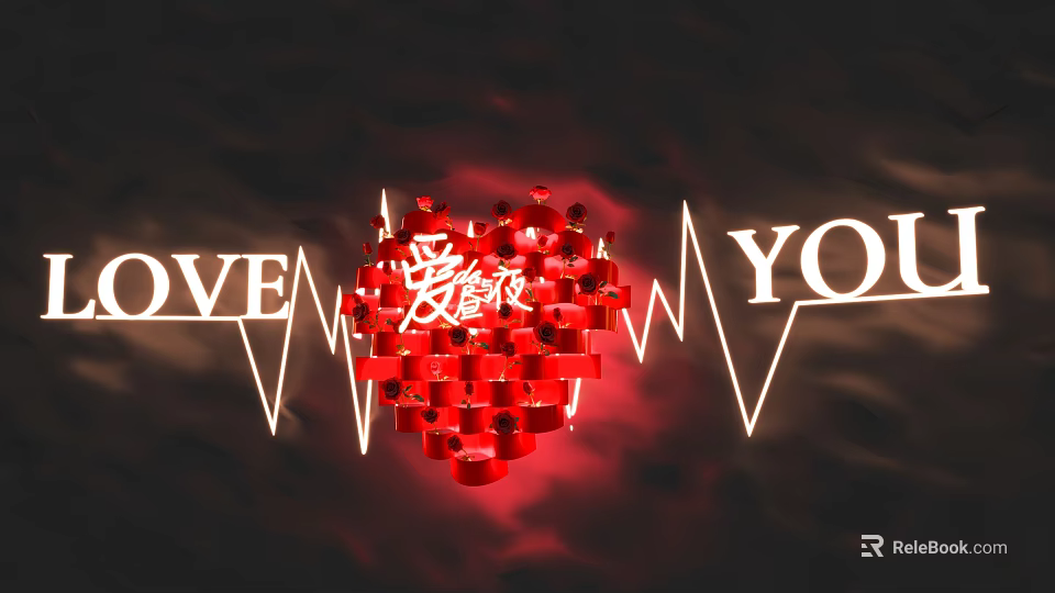 Red Heart Themed Photo Check-in Spot With Small People LOVE YOU Text And Heartbeat Waves 3d model 