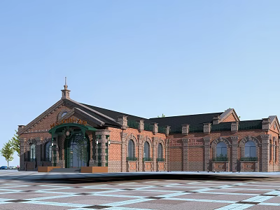 Historic Red Brick Hotel Building With Arched Windows Spire And Front Plaza Design 3d model