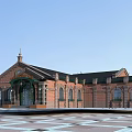 Historic Red Brick Hotel Building With Arched Windows Spire And Front Plaza Design