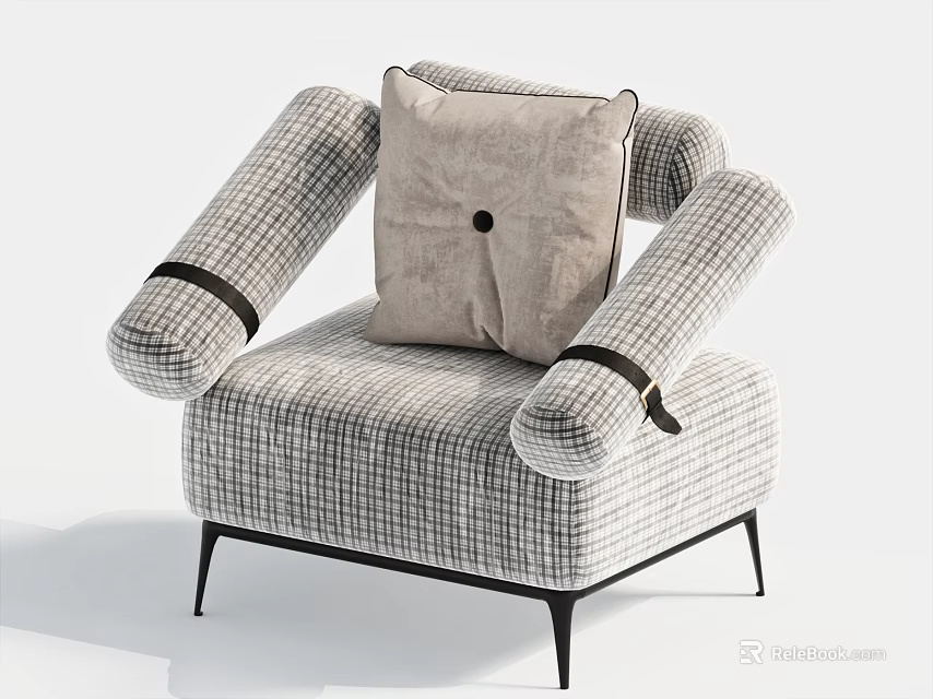 Modern Single Seater Sofa With Plaid Fabric Armrests Beige Accent Pillow And Black Legs 3d model 