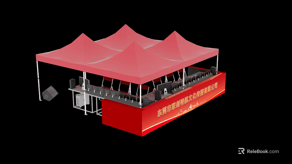 Red Outdoor Canopy Tent With Three Peaked Roofs Exhibition Booth Stalls 3d model 