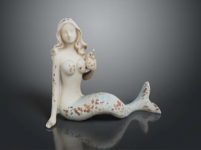 Mermaid Statue With White Body Brown Spots And Blue White Tail Sitting On Black Surface 3d model