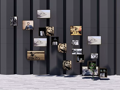 Wall Art With Framed Pictures Dark Striped Backdrop Wooden Floor Small Green Plant And Shelf 3d model