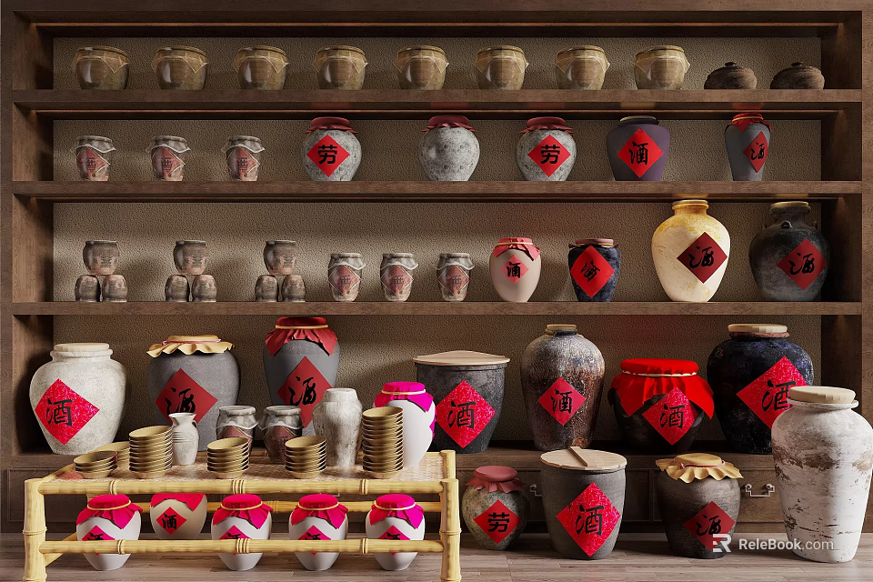 Traditional Ceramic Vessels Displayed on Wooden Shelves with Various Sizes and Red Labels 3d model 