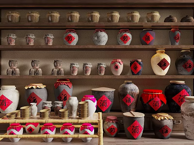 Traditional Ceramic Vessels Displayed on Wooden Shelves with Various Sizes and Red Labels 3d model