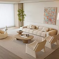 Modern Living Room Interior With Beige Sofa Armchairs Bean Bag Chair And Colorful Abstract Painting