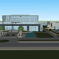 Modern Office Building Exterior With Glass Facade Green Lawn And Palm Trees