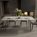 Modern Dining Table Set With Six Grey Chairs Floral Centerpiece And Fireplace