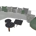 Modern Beige L Sofa With Plaid Throw And Patterned Cushions Round Marble Coffee Table Set 3d model