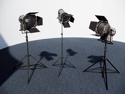 Three Professional Studio Stage Lights On Tripods With Shadow Effects 3d model