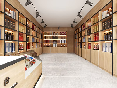 Well Lit Modern Liquor Store Interior With Wooden Shelves And Neatly Arranged Alcohol Bottles 3d model