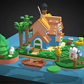 Cartoon Scene With Blue House Solar Panel Roof Green Trees Bunny Rabbits And Yellow Duck