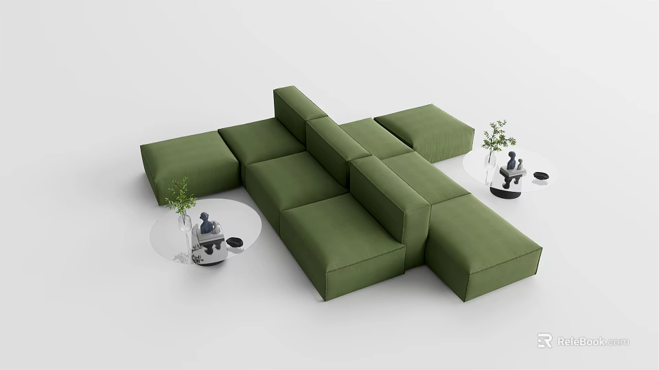 Modern Green Modular Sectional Sofa With Round Coffee Tables And Plants 3d model