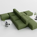 Modern Green Modular Sectional Sofa With Round Coffee Tables And Plants 3d model