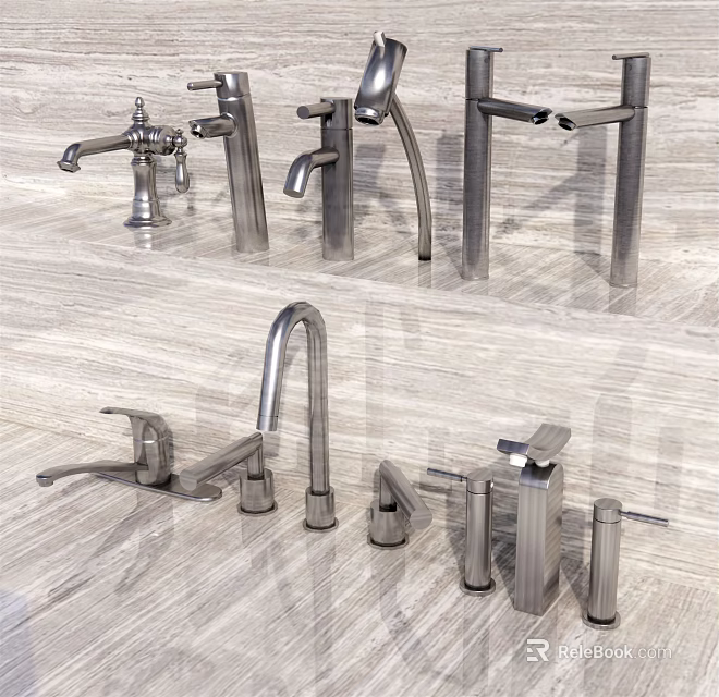 Various Metal Faucets With Modern And Vintage Designs Displayed Together 3d model 