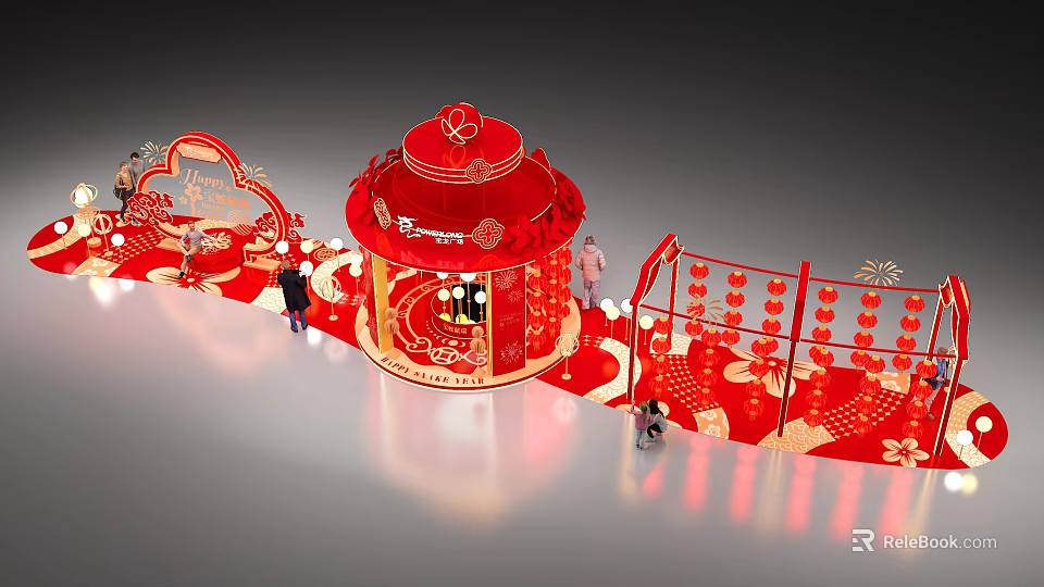 Red Festive Tobacco and Liquor Store with Pavilion Style and Decorative Lanterns Around 3d model 