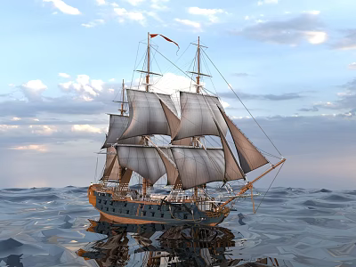 Classic Sailing Ship With White Sails Sailing On Ocean Under Cloudy Sky 3d model