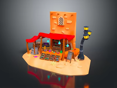 Cartoon Scene With Orange Building Red Awning Street Lamp Shelves Blackboard And Small Items 3d model