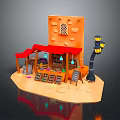 Cartoon Scene With Orange Building Red Awning Street Lamp Shelves Blackboard And Small Items