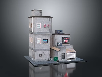 Two Story Gray Building Exterior With Adjacent Small Structure Garage And Windows 3d model