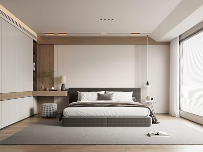 Modern Bedroom Interior Design With Light Gray Bed White Wardrobe And Large Window 3d model
