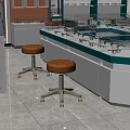 Orange Padded Stools With Metal Wheel Bases In Eyeglass Store Glass Counter Area