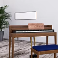 Wooden Piano With Blue Stool Potted Plant And Wall Mirror In Interior Space