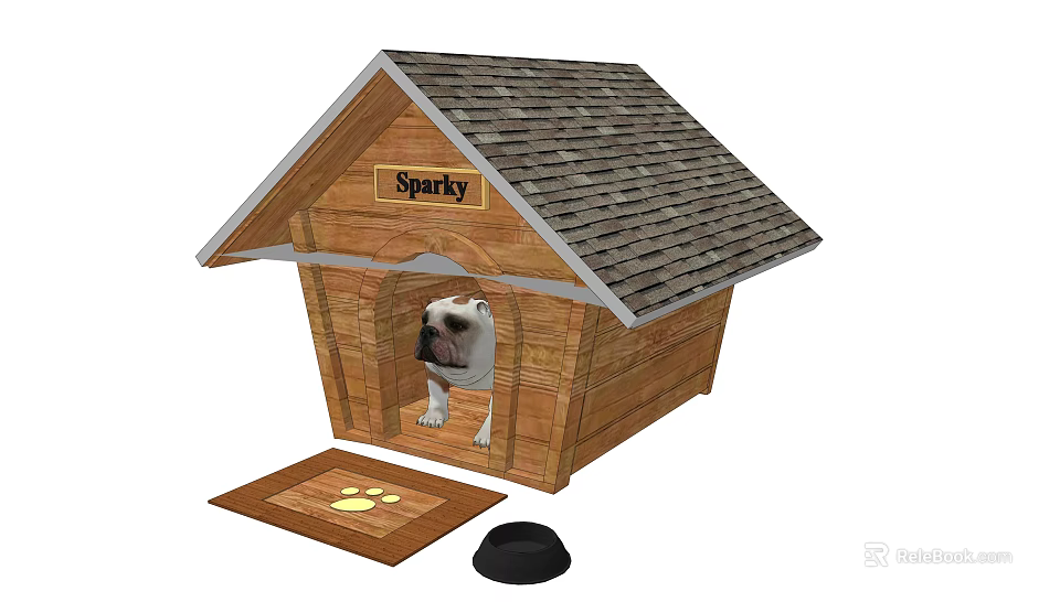 Garden Decorative Wooden Dog House Named Sparky With Paw Print Mat And Black Bowl 3d model 