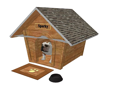 Garden Decorative Wooden Dog House Named Sparky With Paw Print Mat And Black Bowl 3d model