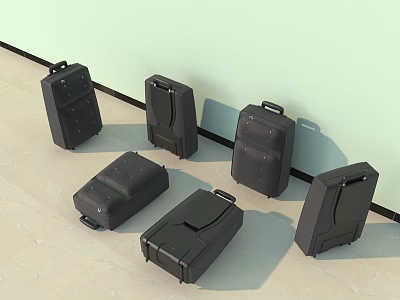 Multiple Black Suitcases Arranged On Light Colored Floor Against Light Wall 3d model