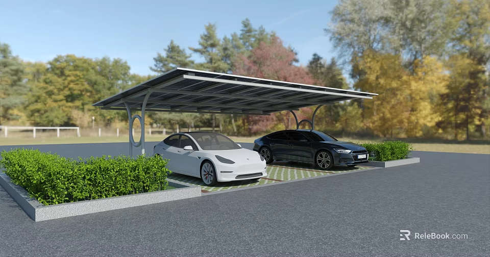 Solar Powered Parking Lot with Covered Shelter for Two Cars Surrounded by Greenery and Trees 3d model 