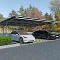 Solar Powered Parking Lot with Covered Shelter for Two Cars Surrounded by Greenery and Trees