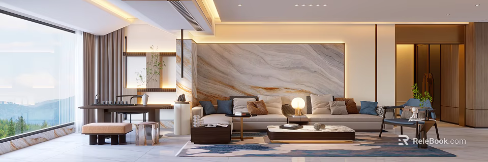 Modern Living Dining Room With Marble Textured Wall Sofa Pillows Coffee Table And Warm Lighting 3d model 