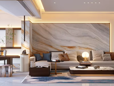 Modern Living Dining Room With Marble Textured Wall Sofa Pillows Coffee Table And Warm Lighting 3d model