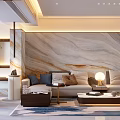 Modern Living Dining Room With Marble Textured Wall Sofa Pillows Coffee Table And Warm Lighting