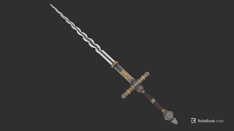 Medieval Style Sword With Twisted Blade Decorative Hilt And Leather Grip 3d model 