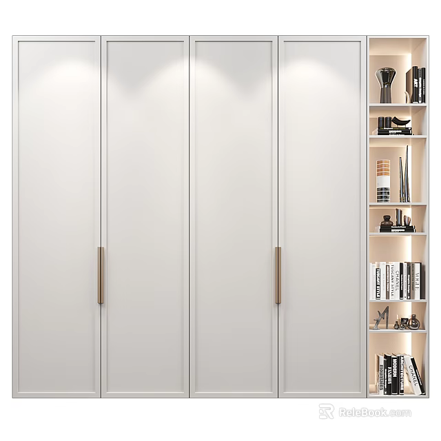 Modern White Bookcase Design With Metal Handles And Layered Shelves For Books And Decorations 3d model 