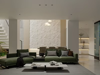 Duplex Living Room With Green Sofa White Coffee Table Textured Wall And Pendant Lights 3d model