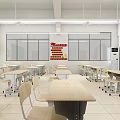 School Classroom Interior With Desks Chairs Blackboards Wall Decorations And Bright Lighting