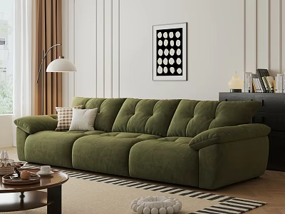 Green Velvet Three Seater Sofa Living Room Interior with Floor Lamp Coffee Table Decorative Painting 3d model